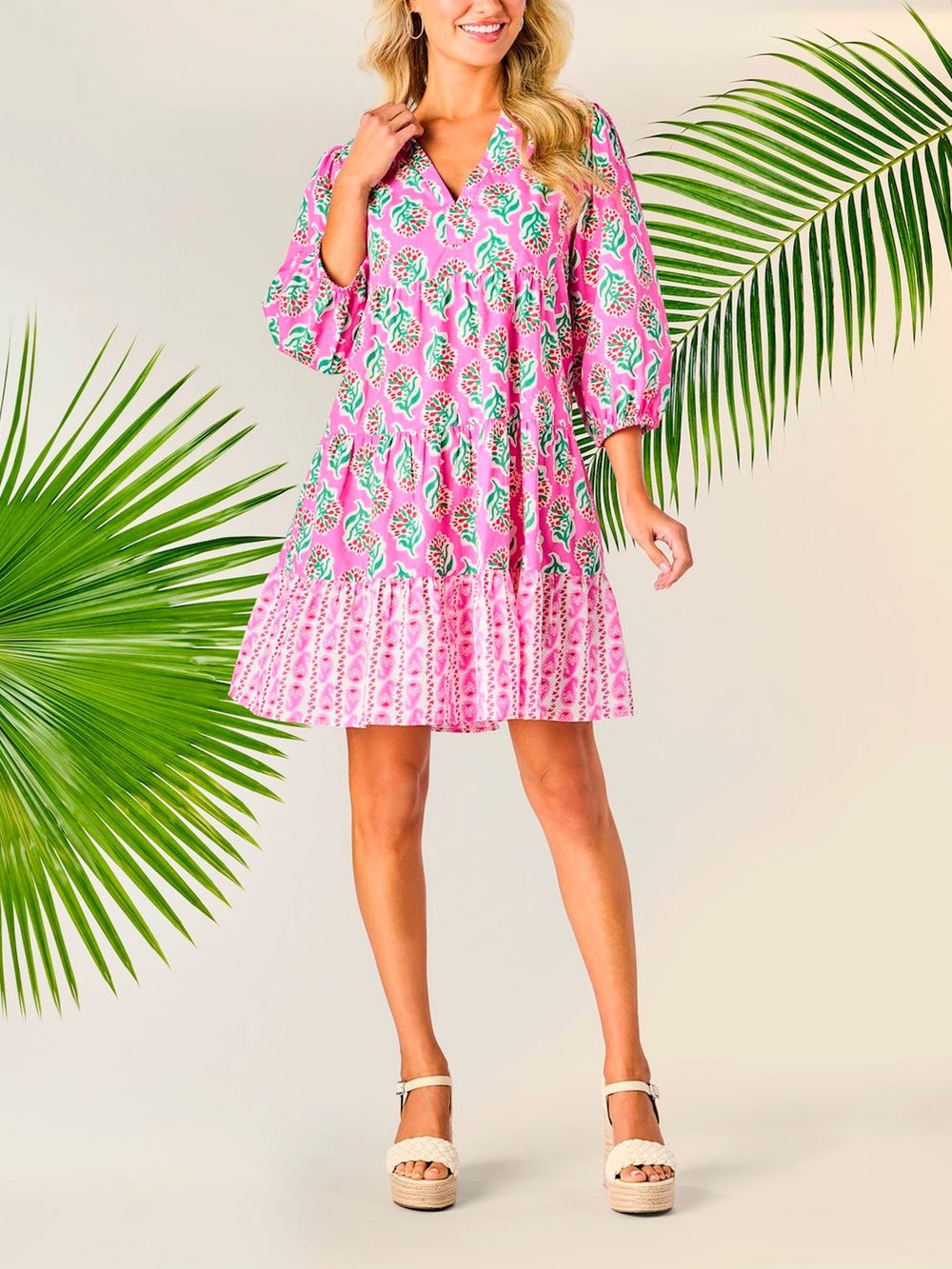 Mud Pie Pink Floral V-Neck Tiered Midi Dress-SMALL